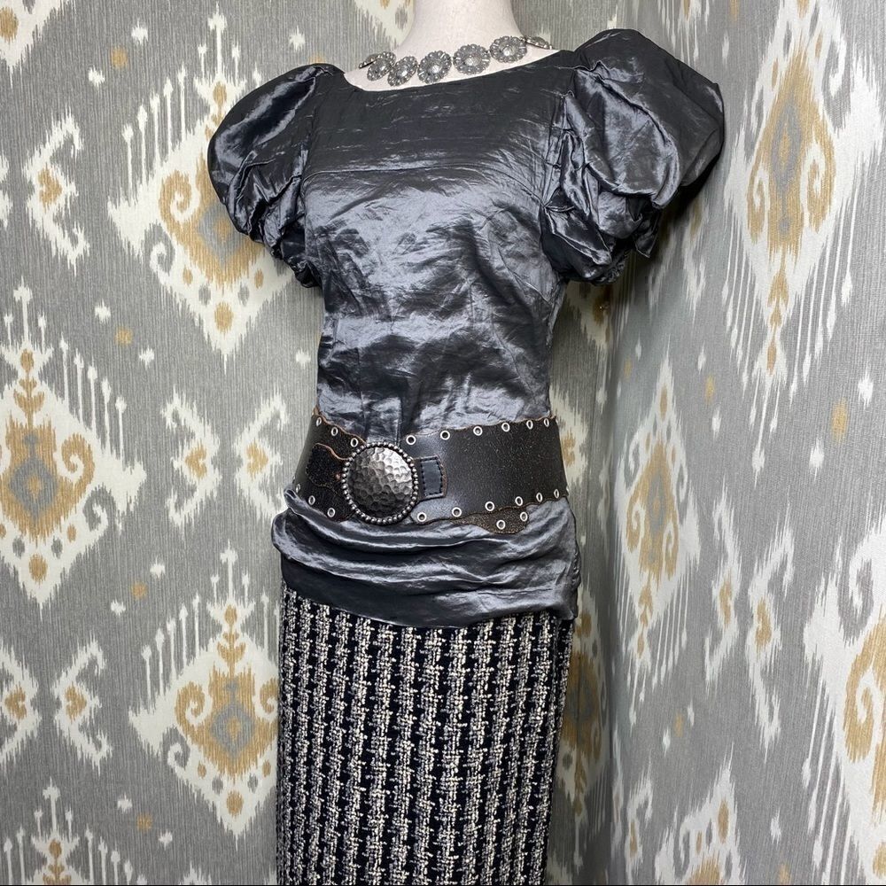 Ralph Lauren Gunmetal Pewter Metallic Pouf Sleeve Stretch Blouse